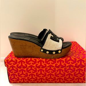 Tory Burch Leather/Canvas Wedges-Size 5